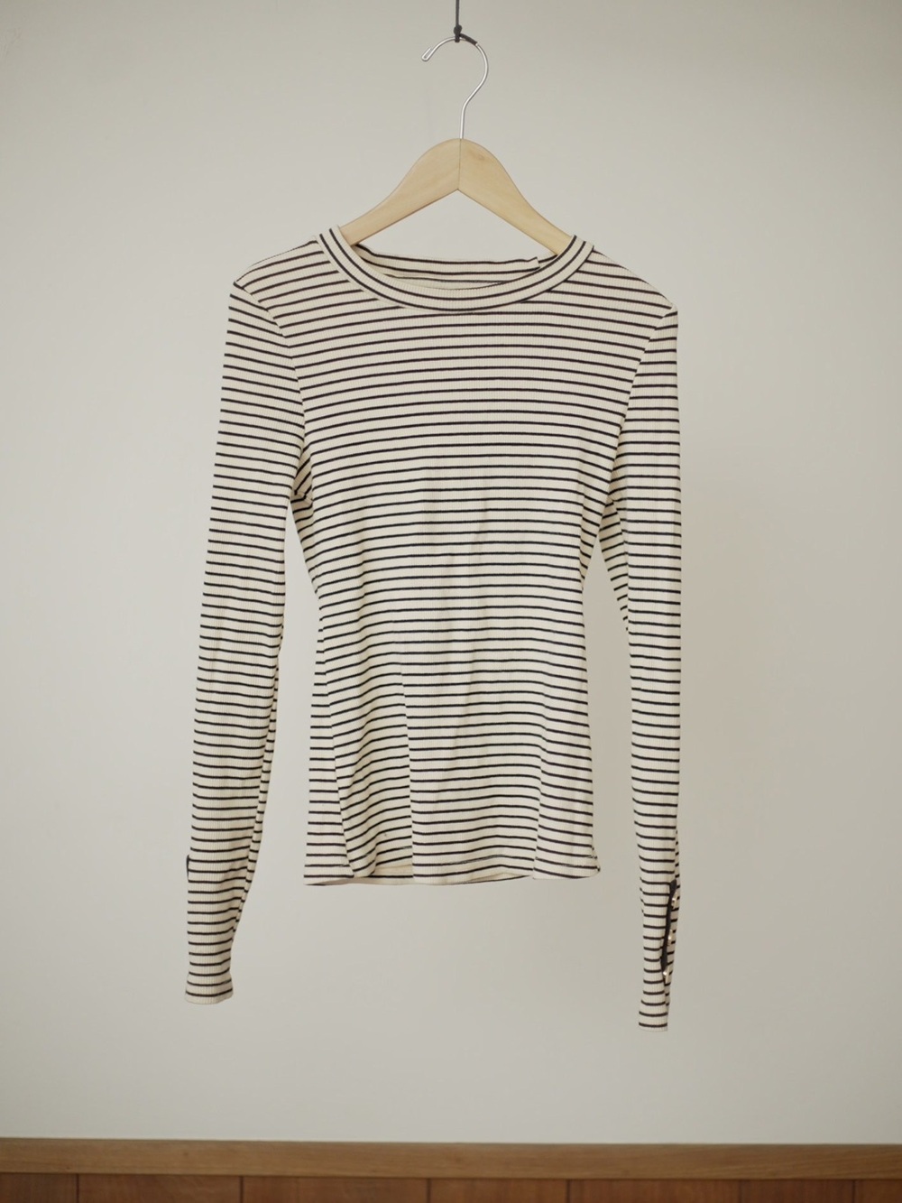 Striped Long-Sleeve Crewneck Top in Cream and Black
